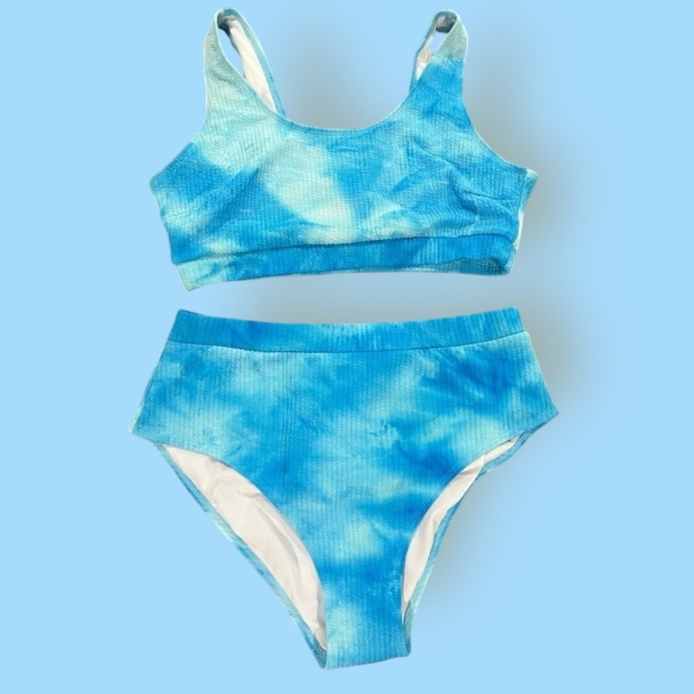 Plus Size Tie-Dye Bikini set : High Waist Ribbed Swimsuit 2XL Blue White Scoop